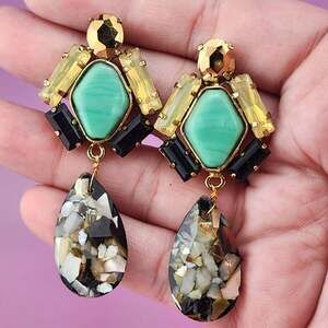 Black Teal Gold Tone Teardrop Dangle Earrings Geometric Glam Statement Pair